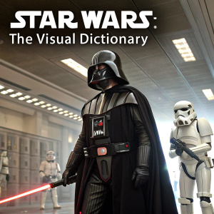 Book cover for Star Wars: The Visual Dictionary. Darth Vader central figure, stormtrooper and blaster rifle included. Title at top. Glossy finish with informative layout highlighting Star Wars iconography.