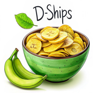 Un tazón  con chifles  verdes en dibujo animado y  platano en forma de dibujo animado y el nombre de  D'SHIPS en dibujo animado