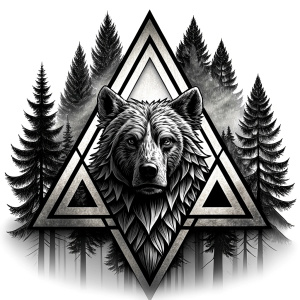 valknut runes pattern geometric symbols - bear and trees - tattoo design - perfect realistic art - high-definition - grey and black - white background 