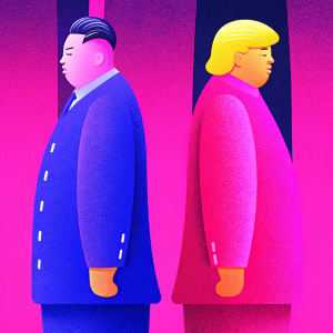 Caricature drawing featuring Kim Jong-un and Donald Trump. Pencil sketch style, dark shaded backgrounds, signature at bottom
