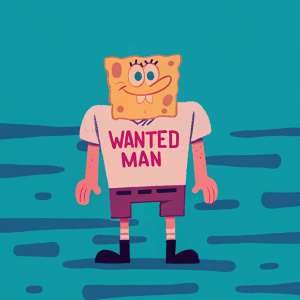 SpongeBob SquarePants, donning a white t-shirt featuring the words 'WANTED MAN' in bold red letters.