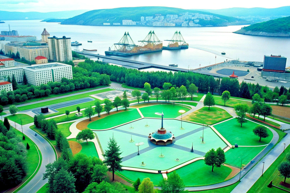 Murmansk city with modern sportsground and children playground Recraft