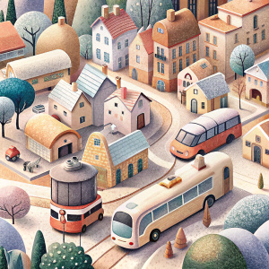Cute cartoon street with buses, trams, cars, houses, trees, shops. High Detail, Detailed Drawing, Book Illustration, Cartoon, Children's Illustration, Vector, Grain