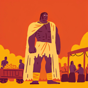 In the bustling marketplace of ancient Alexandria, a mighty warrior stands, his imposing frame adorned with a tattered cloak. His dark skin, weathered by countless battles, tells tales of valor. His eyes, sharp and calculating, survey the crowd. Beneath his cloak, his muscles ripple with each movement, a silent testament to his prowess.