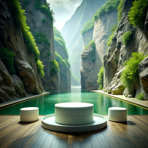 SIMPLE empty stage single level for product display for beauty product display set in nature WATER AND rocks