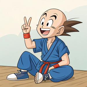 Goku, from Dragonball, in a casual setting. Grinning broadly, giving peace sign. No hair, blue gi