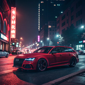 Red Audi RS6 Avant on an urban street. Nighttime, neon lights, bustling cityscape.