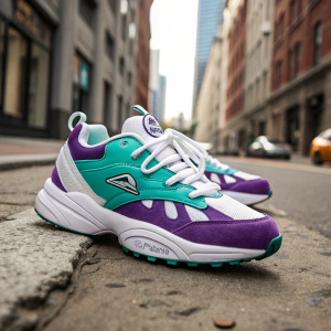 Image of Reebok DMX 1000 sneakers in a vibrant purple, white, and teal palette. Positioned on a gritty city street, the shoes showcase their athletic design and comfortable midsole, with white laces and side logos.