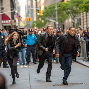 Peter Greene, Kelly Dowdle, Noel Ashman, and Ice-T on a bustling city street set. Filming a high-action scene. Spectators and crew visible.
