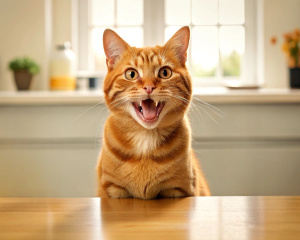 red cat, smiling, mouth open, fangs On the left side of the frame, at the table, kitchen, sharp-focus