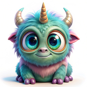 lindo pequeño monstruo-unicornio con un ojo (cíclope), imágenes prediseñadas, dibujos animados, hiperrealista, detalles intrincados, estilo de ilustración, alta solución, en el fondo blanco estilo monster inc
