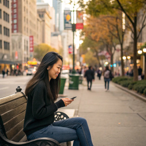 A candid shot of a young Asian woman with long dark hair, mid-20s, in a bustling city street. Wearing a casual black sweater and jeans, she texts on her phone while seated on a park bench.