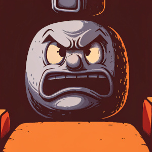 A retro-style, pixelated, angry emoji. Grayish tone. Exaggerated frown and downturned mouth. Plain background. Limited color palette. Centered in image.