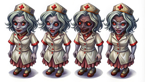 dark horror nurse in 2d game in isometric view in multiply poses, 100% white background