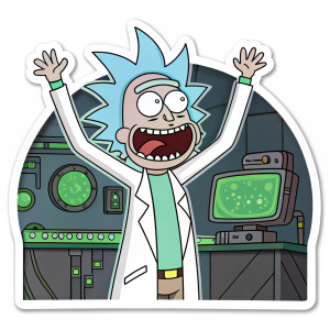 Rick Sanchez from Rick and Morty. Grinning wildly, revealing a mouth filled with green alien slime. Standing in a futuristic lab, his spiky blue hair stands out. Wearing a white lab coat with his hands raised. Cartoon style sticker