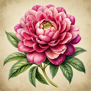 Vintage illustration style peony on white background.