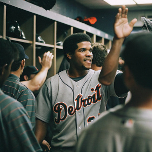 Jeimer Candelario, baseball player, wearing a gray Detroit Tigers jersey with orange stripes, in the bustling locker room. Teammates are present.
