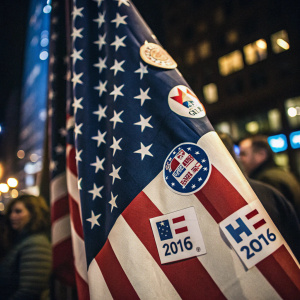 Close-up shot of a flag with numerous stickers featuring Hillary Clinton's campaign logo. Dark, blurred backdrop