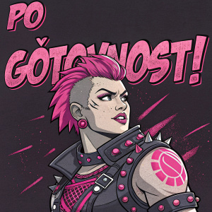 Digital art of Overwatch's Zarya in a punk-inspired design. Text 'Ogon' Po Gotovnosti! ' in bold letters. Dark background, pink and grayscale colors.