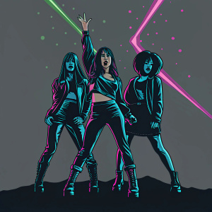 Blackpink, korean girl group, in a vibrant, dynamic pose. Neon green and purple background, pop art style