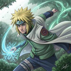 Digital illustration of Minato Namikaze from Naruto. Minato Namikaze in a dynamic pose with a determined expression. Focused gaze. Background features a blend of green hues representing foliage. Swirling, glowing blue and green elements. Signed at the bottom