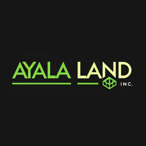 A sleek and modern logo for Ayala Land Inc. Bright green lettering on black background