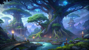 Teldrassil, a giant tree, spreading branches, dense foliage, moonlit forests, ancient ruins, majestic trees, crystal clear lakes, mysterious fireflies, soft moss underfoot, paths leading to hidden shrines, the scent of flowering plants, the quiet rustle of leaves, the sounds of nature, murmuring streams, high cliffs, rocky cliffs, aerial bridges between trees, elven architecture, elegant wooden buildings, silver rivers, mystical atmosphere, the spirit of antiquity and magic, temple complexes, st