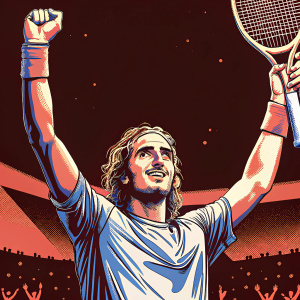 Stefanos Tsitsipas, the Greek tennis star, posing with arms raised, celebrating victory. Dark indoor arena with blurred crowd, t-shirt with athletic design, long curly hair