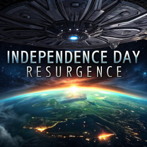 Promotional poster for 'Independence Day: Resurgence'. A colossal, sleek, metallic alien spacecraft looms overhead, casting a shadow over Earth, highlighted with neon city lights and landmasses below. Cinematic font displays movie title and release format.