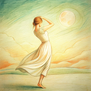  lady is dancing  facing to the moon in the long distance, a simple background with cloud in front,a  comfortable space to Dream