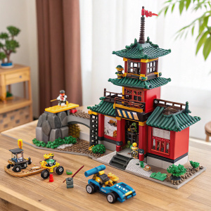 Photo of a colorful Lego Ninjago Thunder Swordsman set featuring action figures, vehicles, and buildings, arranged creatively on a wooden table.