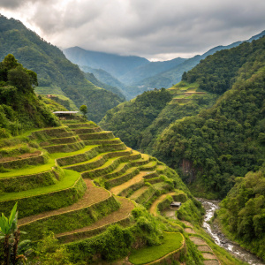 Ancient rice terraces of Banaue, carved into the mountainside by indigenous Filipinos. Captured in vibrant colors against a backdrop of dense, green forests. A stunning example of human engineering and nature's beauty.