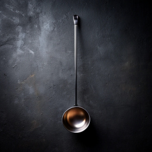 The ladle is hanging on a dark background