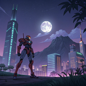 Digital illustration of Neon Genesis Evangelion Unit-01. Set against a futuristic city backdrop with neon lights and towering skyscrapers. Background features mountains and a full moon.