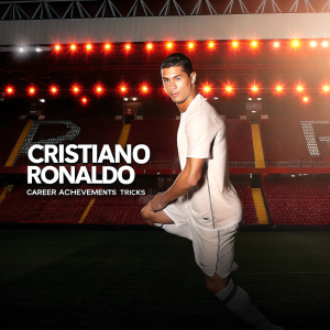 Promotional poster for Cristiano Ronaldo. Majestic stadium backdrop. Warm orange lighting highlights his dynamic pose. Text features career achievements and signature tricks.