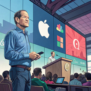 Former New York Governor Eliot Spitzer, in a casual blue shirt, speaks at a technology conference. Vibrant conference room with tech logos