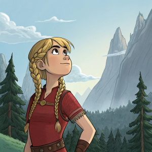 Astrid from How to Train Your Dragon, wearing a red top and braided blonde hair. Standing in front of a fantasy landscape.