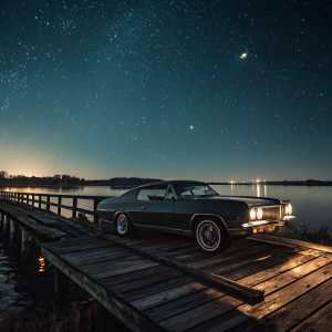 Cover art for Eminem's album 'The Slim Shady LP'. A vintage car parked on a rustic wooden dock under a starlit sky