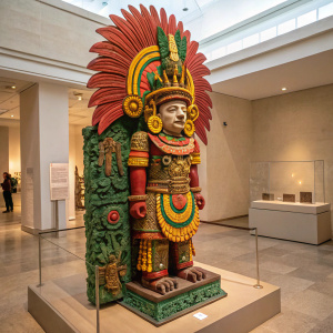 The intricate Aztec deity statue Xipe Totec, adorned in vivid hues of red, green, yellow, and gold, displayed in a modern museum setting.
