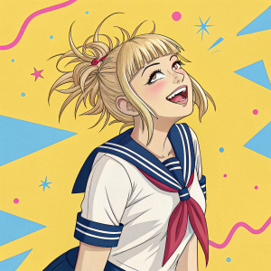 Digital art of Himiko Toga. Playful expression, tousled blonde hair, casual and dynamic pose. Vibrant yellow background with blue and pink patterns. Sailor-style collar, mix of bright colors.