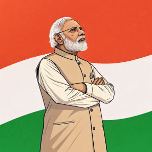 Digital illustration of Narendra Modi. Cartoon-like style. Narendra Modi, with strong facial expression, standing in front of a simplified, vibrant Indian flag background. Limited color palette of red, white, and green. Bold outlines, graphic quality