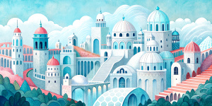 White illustration, Wes Anderson aesthetics  style, surreal collage of many complex sophistic buildings and bridges, huge ocean and sky, white color, grainy paper