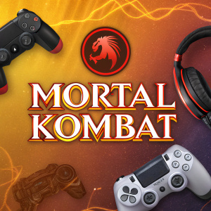 Promotional layout featuring 'Mortal Kombat' for PlayStation 4. Vibrant background with gaming accessories like controllers and headphones displayed prominently.