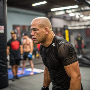 Tito Ortiz, former UFC fighter, at a MMA training camp. Sweat covered, in workout gear, intense look