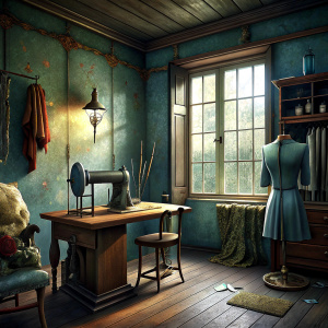 we see the 4 waalls of the Old tailor shop with paneling up to half of the walls and wallpaper on the remaining part. Wooden cabinets with fabrics in the background. An old table with an old sewing machine and its chair in front of it. A single window with curtains on one side of the room. A large table on one side of the room where drawings and clothing patterns are drawn. .wood stove and metal bucket full of wood.carpet on the floor.old chandelier on the ceiling
