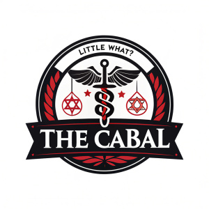Stylized logo design featuring 'The Cabal' symbol. 'Little What?' text in bold at top. Black and red color scheme.