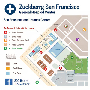 Detailed map of Zuckerberg San Francisco General Hospital and Trauma Center. Basement, ground floor, and first floor sections clearly marked. Icons for different services and departments. Hospital logo at the top.