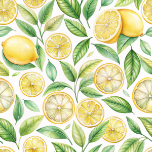 lemon slices and leaves seamless fading edges pattern   clipart watercolor pastel colours isolated on a white background 