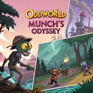 Game cover art for Oddworld: Munch's Oddysee. Vibrant, colorful, and cartoonish style. Multiple scenes, playful and action-oriented aesthetic. Game title and promotional phrases prominently displayed.