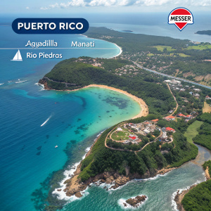 Interactive map of Puerto Rico showcasing various locations such as Aguadilla, Manati, and Rio Piedras. Messer logo prominently displayed.